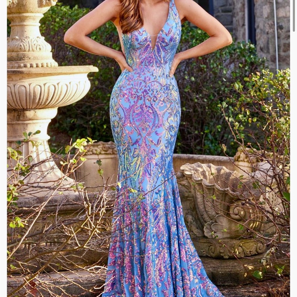 Jovani White Iridescent Sequin Mermaid Gown - Picture 3 of 6
